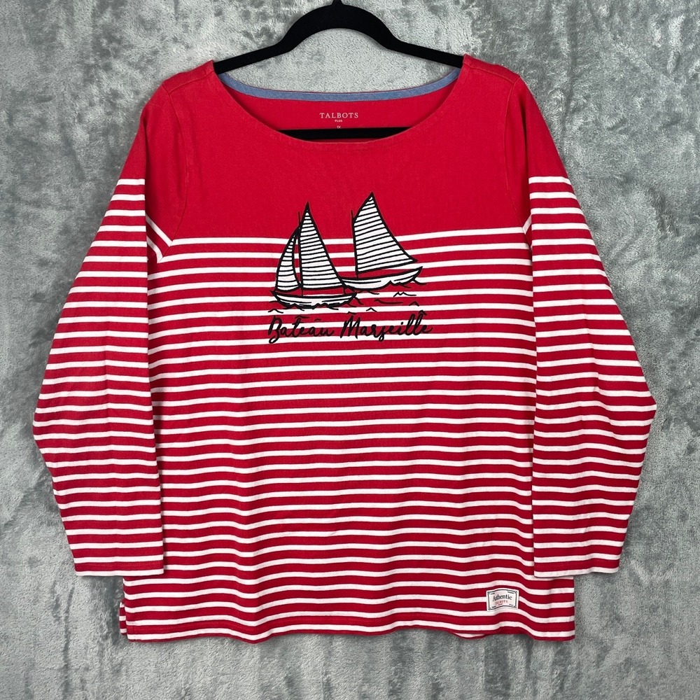 Talbots Top Size 1X Red White Striped Embroidered‎ Sailing Boat Nautical Shirt